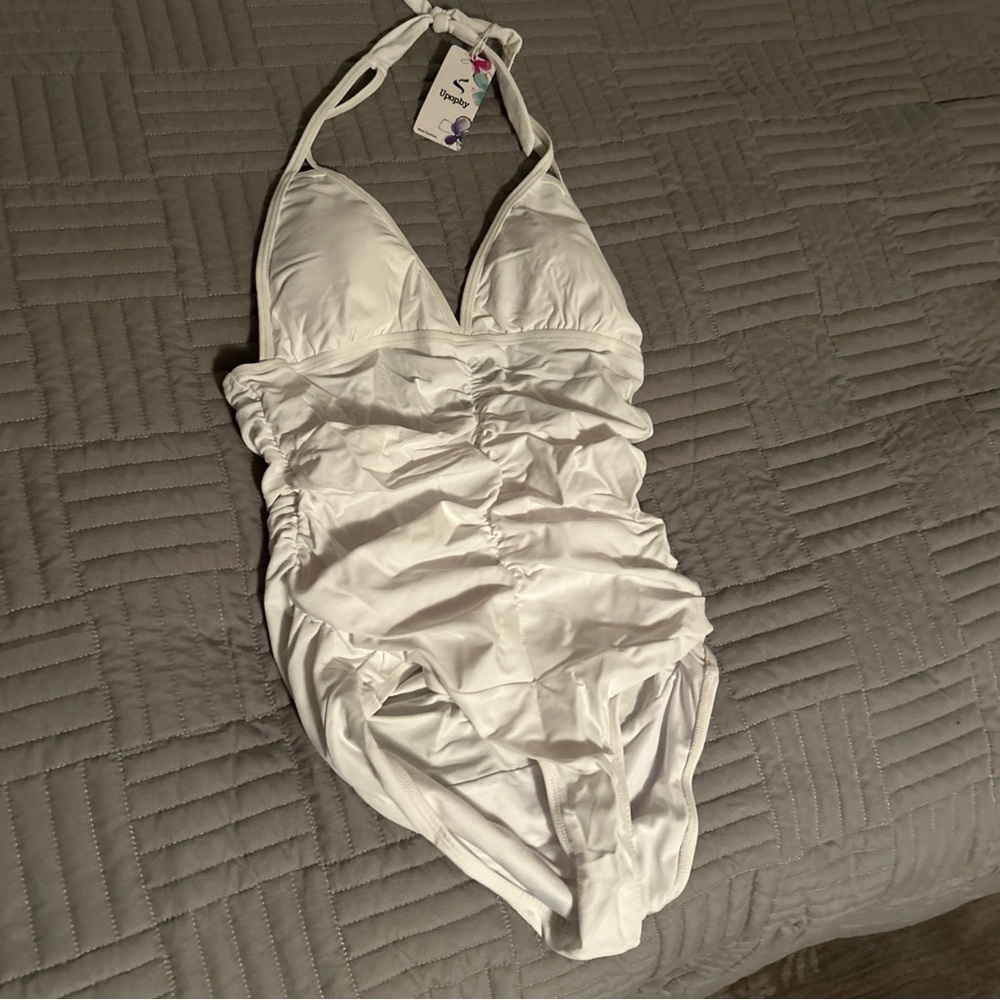Upopby White Halter Top One piece swimsuit Chic White Halter One-Piece Swimsuit